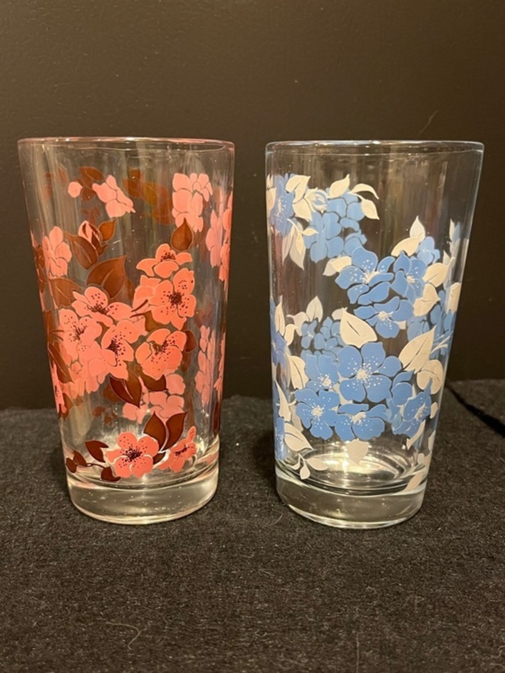 Vintage Pink and Blue Floral Dogwood Patterned Tumblers Set of 2